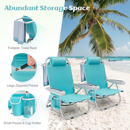 Image of Tangkula Set of 4 Backpack Beach Chair, 5-Position Lightweight Folding Lay Flat Beach Chairs with Storage Bag, 2 Cup Holders, Towel Bar, Backpack Straps