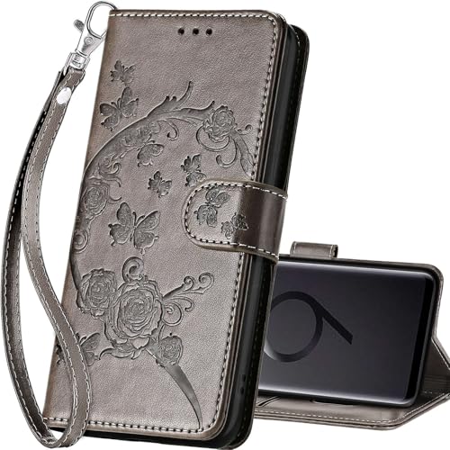 SASYMALY for Samsung Galaxy S9 Plus Wallet case, Flip Folio Cover with Stand Feature for Women Men, PU Leather Phone Case Fit for Samsung Galaxy S9 Plus 6.2'' [Gray Flower]
