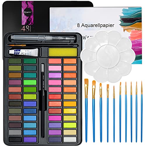 ZITFRI Kit de peinture aquarelle 48 pièces - Kit aquarelle de 75 pièces : 48 aquarelles, 12 pinceaux, 8 papiers aquarelle, etc. - Trousse de peinture aquarelle portable pour débutants