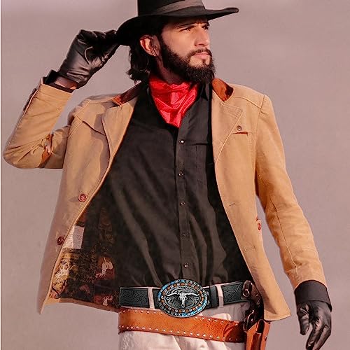 RechicGu Western Cowboy Black Leather Belts With Long Horn Bull Buckles, Floral Engraved Rodeo Belt Strap for Men Women Gift4