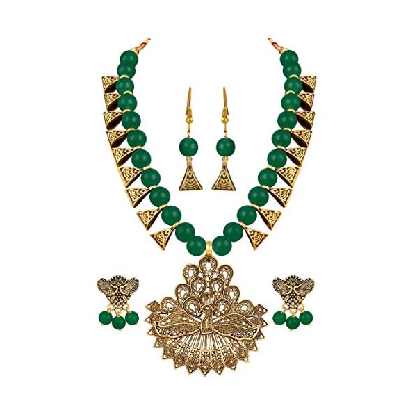 JFL - Jewellery for Less Handcrafted Gold Peacock German Silver Oxidized Combo of 2 Earrings and Beaded Necklace Set with Adjustable Thread - Image 3