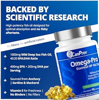 CanPrev Omega-Pro Essential HP 40/20, 90 Softgels 30-Day Supply - 1000mg Wild Deep-Sea Fish Oil, Omega-3 EPA & DHA Formula, Molecular Distilled with Vitamin E, Supports Heart, Brain, Joint, Eye & Skin