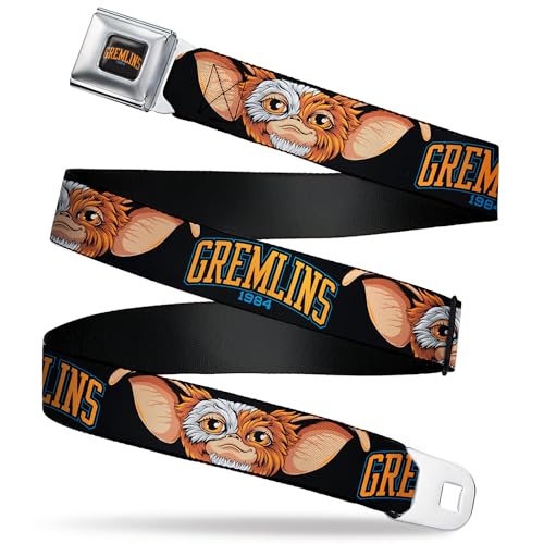 Warner Bros. Horror Movies Belt, Seatbelt Buckle Belt, Gremlins 1984 Gizmo Face Close Up Black, 30 to 44 Inches