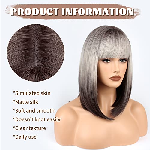 FAELBATY Short Straight Bob Wig, 14" with Air Bangs, Brown Blonde Ombre, Shoulder Length - Image 2