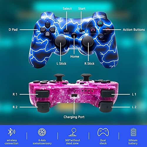 Bowei Ps3 Controller Wireless 2 Pack Double Shock Gamepad For Playstation 3 Remotes, Six-Axis Wireless Ps3 Controller With Charging Cable, Blue+ Purple #TOP4