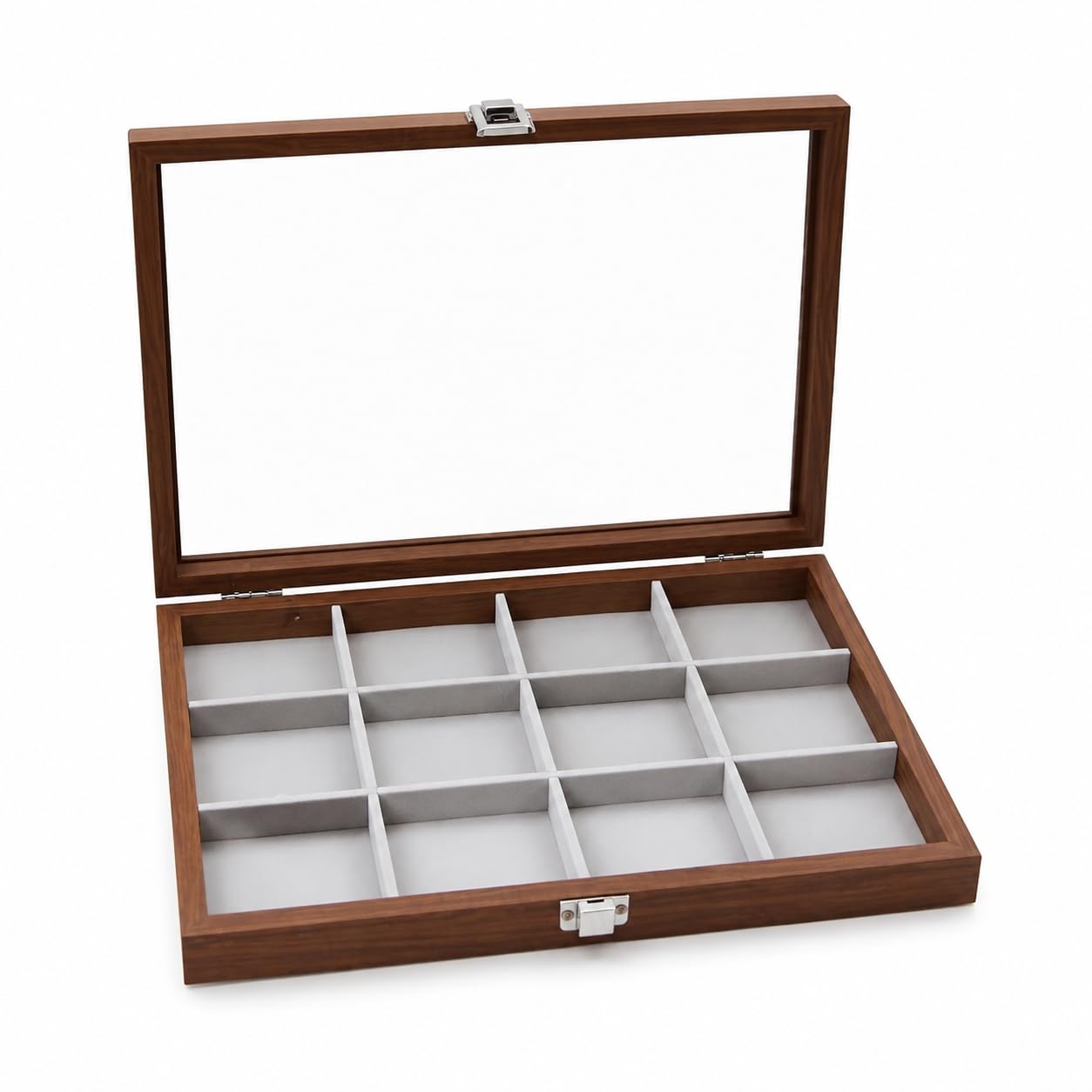 Boîte à bijoux en bois avec couvercle en verre, organisateur bijoux d'affichage pour montres et bagues, Rétro, Douze compartiments