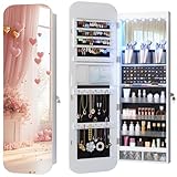 Vlsrka Oval Armario Joyero con Luz, LED Armario Espejo Joyero de pared, Espejo joyeros de puerta con Cerradura, Armario Espejo colgante Con luces, Ovalado Espejo joyeros, Regalo mujere, Blanco
