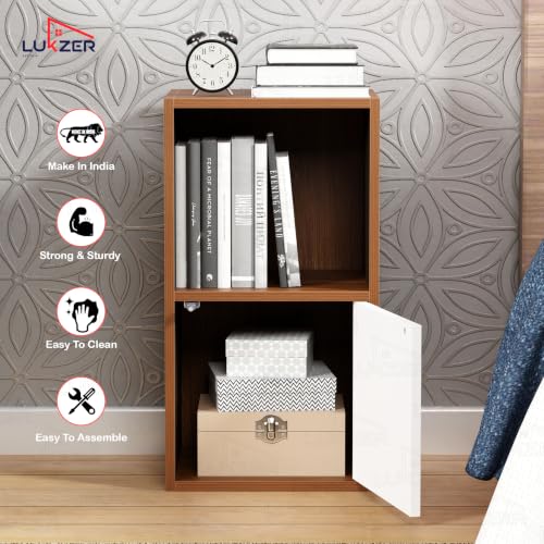 Image of Lukzer 2 Layer Wooden Book Rack /Shelf /Stand | MR-021 /Oak Brown | Multipurpose Storage Cabinet & Bookshelf with Open & Enclosed Shelves | Compact Organizer for Bedroom, Kitchen, Living Room & Office