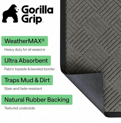 GORILLA GRIP Durable Natural Rubber Door Mat, Waterproof, Low Profile, Heavy Duty Welcome Doormat for Indoor and Outdoor, Easy Clean, Rug Mats for Entry, Patio, Busy Areas, 17x29, Gray Diamond - 2