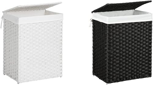 SONGMICS Cesta de lavandería tejida a mano, cesta de lavandería de ratán sintético de 23.8 galones, ULCB51WT blanca y cesta de lavandería tejida a