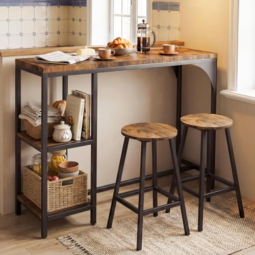 MAXLEAD Small Breakfast Dining Table and 2 Bar Stools Set Kitchen Table with Storage Shelves Rustic Industrial Space Saving Table for Small Kitchens/Studio Flats