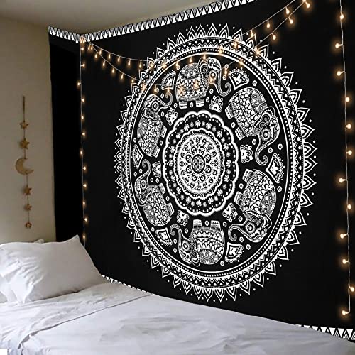Betylifoy Tapisseries D'éléphants Tapisserie Noire et Blanche Tenture Murale Psychédélique Mandala Art Mural Tissu Tapisserie Esthétique pour Chambre Salon Décoration de Fête (L'éléphant, 148x200cm) Cover