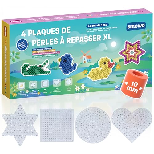 Smowo® Plaques de Perles à Repasser 10 mm - Lot de 4 à Emboîter Avec Modèles - Ronde, Étoile, Carré, Cœur - Pour Enfants Dès 3 Ans