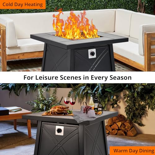 28 Inch Gas Fire Pit Table, Outdoor Propane Fire Pit Table with Steel Lid & Volcanic Rock, Square Firepit Adjustable Footpads for Gatherings Parties on Patio Deck Garden Backyard