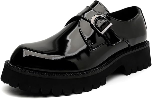 Mens Leather Platform Slip-On Loafers Fashion Monk Buckle Round Toe Lug Sole Penny Shoes Casual Business Work Flatform Dress Shoes