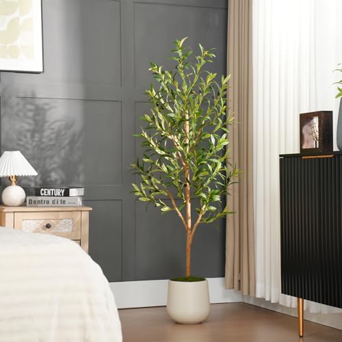 Keeplush Künstlicher Olivenbaum 150cm, Künstliche Pflanzen Groß Olivenbaum Künstlich mit 420 Blättern und 30 Früchten, Kunstbaum wie echt für Wohnzimmer, Schlafzimmer Dekoration (Naturholzstämmen)