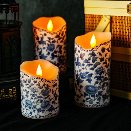 Image of Lebaley 3PCS Chinoiserie Flameless Candles - Blue and White Porcelain Candles with Remote,Floral Battery Operated LED Candles,Blue Pillar Candles Chinoiserie Decor for Home Weddings Party Festivals