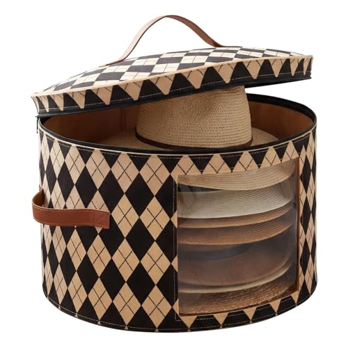 YUNYOUC Hat Box with Lid 43x43x26cm Large Round Felt Hat Storage Box with Clear Window and Handles Foldable Travel Organiser for Cowboy Hats Sun Hats Fascinators Wardrobe Storage (Khaki Argyle)