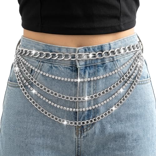 DOPENSPI Ceinture à chaîne en strass pour femme - Multicouche - Ceinture en métal - Ceinture réglable en cristal - Ceinture de mariage, argenté, 110 cm