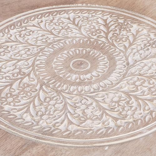 Image of VASIL MART Wooden Table with Three Legs A Modern Round Coffee Table and Side Table for Small Spaces with Pillar Coffee Table for Plants, Books, Magazines White wash B