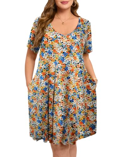 Image of ZENNILO Women's Plus Size Swing Dress with Pockets Casual Summer Dresses V Neck Short Sleeve T Shirt Dress for Women