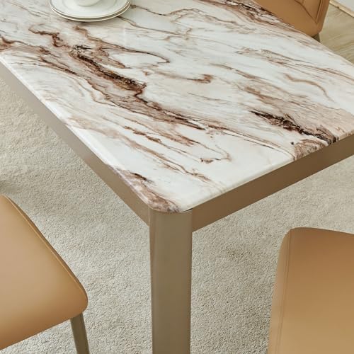 Image of Home Centre | Glam Faux Marble Top 4-Seater Dining Set with Chairs | Dining Set for Home | Faux Leather | Beige | 1 Year Warranty