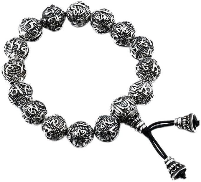 National Style Mens Stainless Steel Buddhist Mantra Beads Link Bracelet Chain
