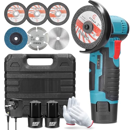Mini Cordless Angle Grinder 12V Brushless Grinding Machine with 2PCS 2000mAh Battery for Cutting Polishing and Sharpening Side Disc Grinder 19500 RPM Tool with Grindering Wheel