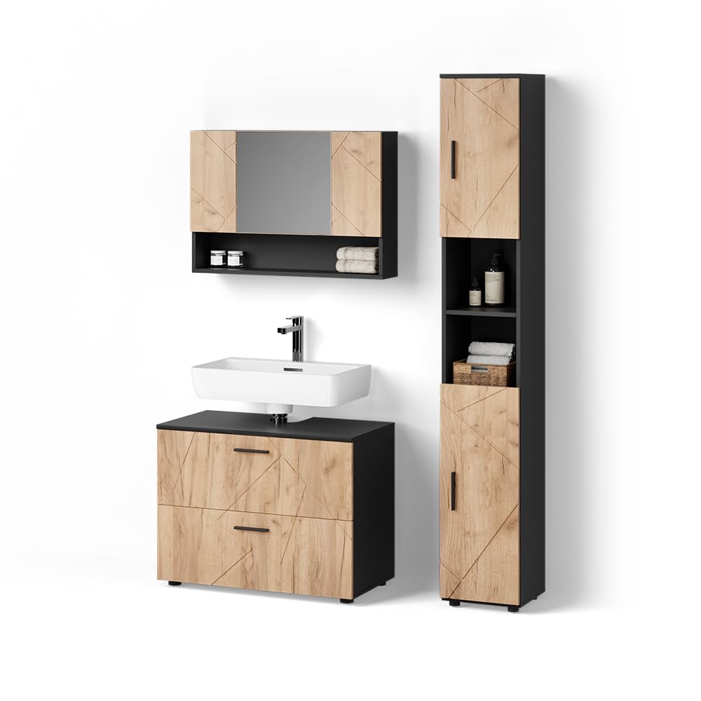 Livinity Badmöbel-Set Ronco, Goldkraft Eiche/Anthrazit, 3 Teile, mit Spiegelschrank 80 cm