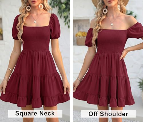 Image of Veatzaer Women's Puff Sleeve Square Neck Smocked Babydoll Dress Boho Floral Print Off Shoulder Ruffle Mini Short Dress