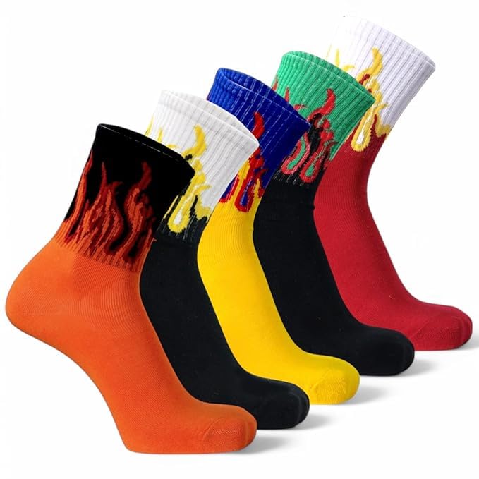 Flame Design Ankle Length Socks, Multicolor Cotton Blend, Athletic Crew Style, 7 Pairs-image-45