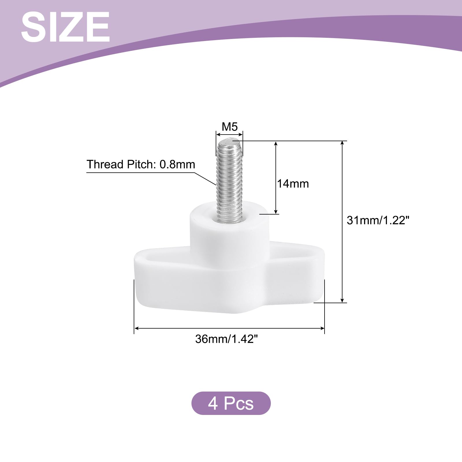 uxcell 4Pcs Tee Wing Knobs Thumb Screws, M5 x 14mm Clamping Screw Knob Male Thread 304 Stainless Steel T Shaped Thumb Screws Handle 36mm Dia. for Hand Tightening Knob Replacement, White