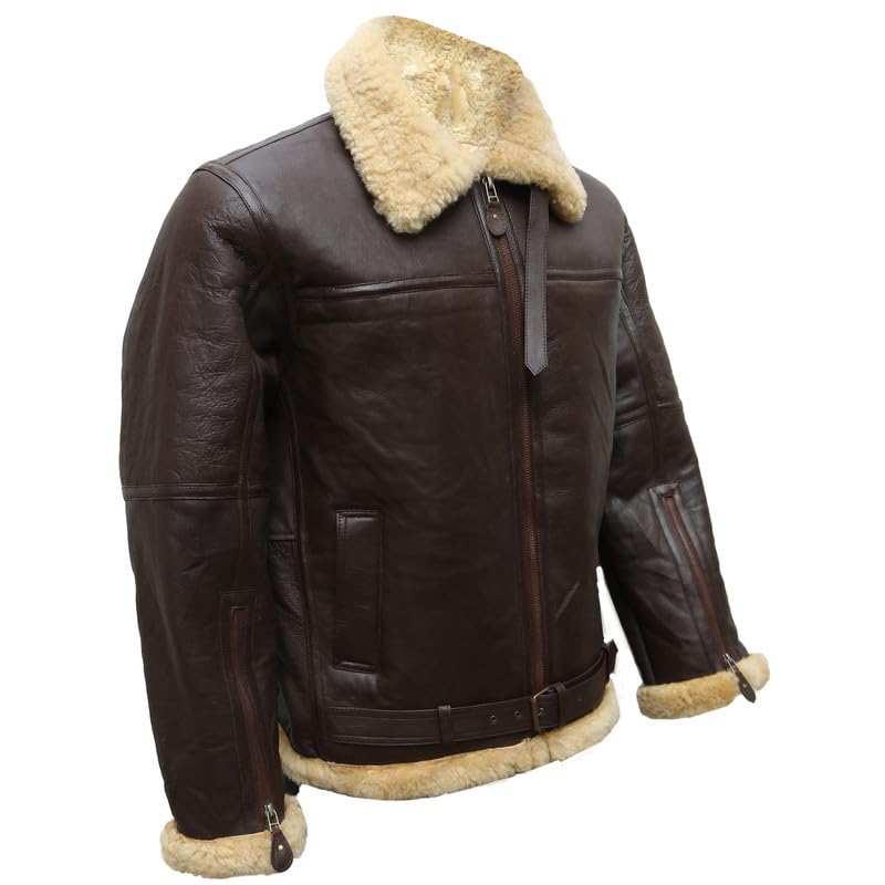 Men's Real Sheepskin Shearling Bomber Jacket – Vintage Aviator Flight Leather Jacket with Fur Collar & Belt3