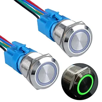 DMWD 2PCS 22MM Momentary Push Button Switch 12V-24V Ring Led 1NO 1NC Self-Reset ON/Off Metal Round Waterproof 7/8 Mounting Hole with Wire Socket(IP66,Green Led)