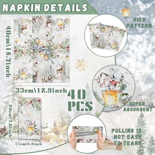 Christmas Paper Napkins,40pcs Disposable Deer Napkins Winter Paper Hand Towels for Bathroom Winter Reindeer Napkins Christmas Holiday Decorations – Image 7