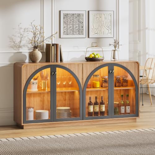 Image of Sideboard Buffet Cabinet with Storage, 68 inch Black Credenza Accent Cabinet Buffet Table w /4 Arched Glass Doors & LED Light, Modern Coffee Bar Liquor Cabinet w /2 Shelves for Kitchen Entryway