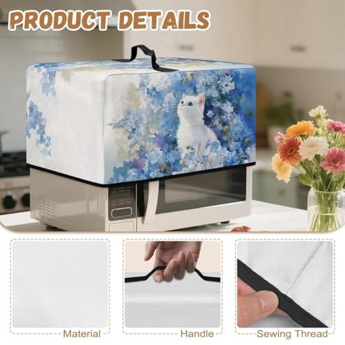 Image of Convection Oven Cover, Dust Proof Smart Microwave Oven Protector for Countertop Decorations, S, 18.25 x 14.5 x 11 Inches, White Cat Blue Flower