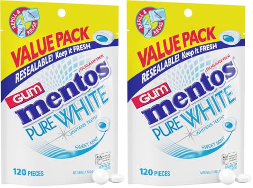 Image of Mentos Pure White Sugar-Free Chewing Gum With Xylitol, Sweet Mint, 120 Piece Bulk Resealable Bag (Pack of 2)