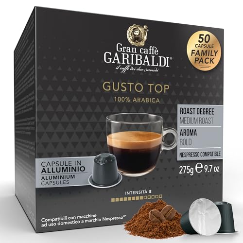 Gran Caffè Garibaldi Espresso Pods, Italian Roasted Compatible Nespresso Original Line Machines, 100% Arabica Blend, Brazilian & Central American Beans, Cocoa Aroma - Gusto Top (Aluminum) 50 Cups
