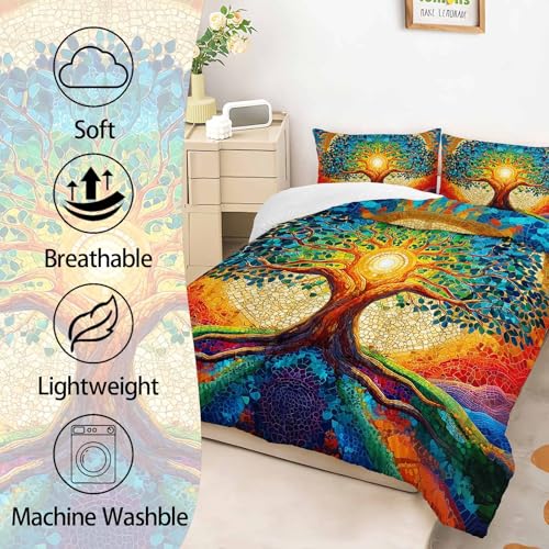 Image of AILONEN Colorful Tree of Life Bedding Set Full Size,Abstract Art Tree Boho Comforter with 2 Pillowcases,3-Piece Lightweight Microfiber Bed