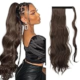 FESHFEN 60 cm Lang Gewickelt Pferdeschwanz Extensions Lockig Clip in Ponytail Wavy Curly Synthetik Haare Extensions Haarverlängerung Zopf Haarteil Ponytail für Frauen, Mittleres Kastanienbraun
