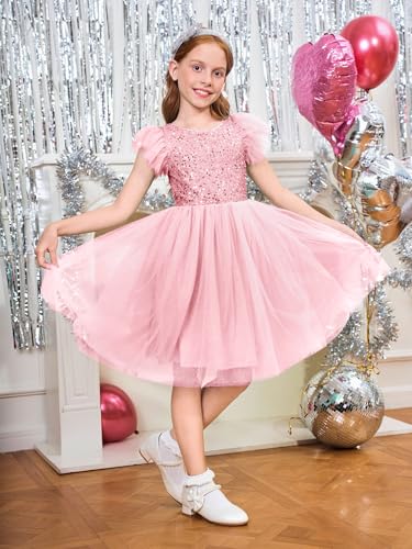Girls Sequin Tutu Dress Kids Sparkly Flutter Sleeve Party Tulle Dresses 5-14 Years2