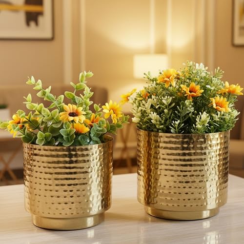Image of BEHOMA Hammered Gold Metal Mini Tabletop Planters Set of 2 | | Pot for Indoor Outdoor Balcony Living Room | Table Plant Pot for Gifting (Plant not Included)