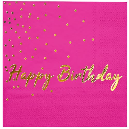 WRAPAHOLIC 25Pcs Dot Birthday Cocktail Napkins - 3-Ply Hot Pink Gold Foil Happy Birthday Lettering and Dot Disposable Paper Napkins for Baby Shower Party Tableware Party Supplies - 5 x 5 In