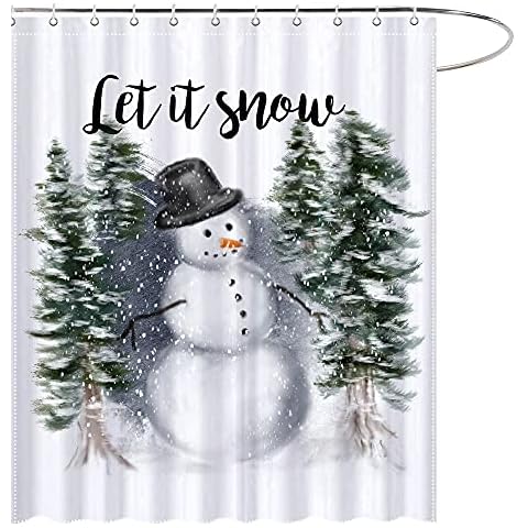 MAEZAP Christmas Tree Snowman Shower Curtain Let it Snow Farmhouse Bathroom Decor Waterproof Polyester with Hooks 69x70 Inches Cover