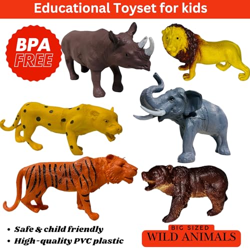 Image of ZESTHOME Big Wild Animal Toys Set for Kids | PVC Safari Figures - Lion, Tiger, Elephant, Leopard, Rhino & Hippo | 5-Inch Educational Jungle & Safari Playset | 6-Piece