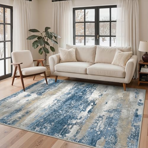 BEIMO Tapis Moderne 160x230cm à Motif Abstrait Bleu et Gris - Antidérapant et Lavable en Machine - Poils Courts - pour Salon, Chambre ou Bureau - Épaisseur...