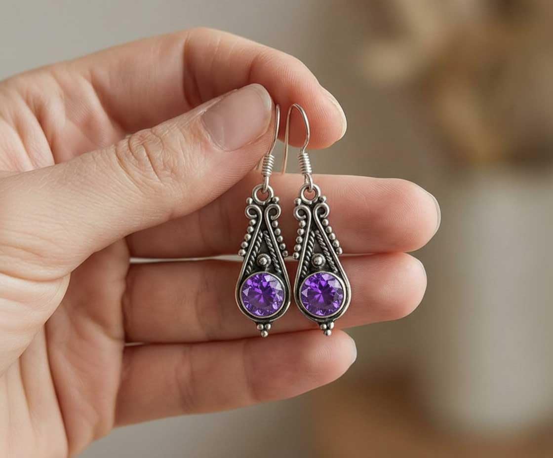 Handmade 925 Sterling Silver Plated Drop Dangle Earring Natural Gemstone Amethyst, Crystal, Turquoise, Rose Quartz Round Boho Jewelry For Women