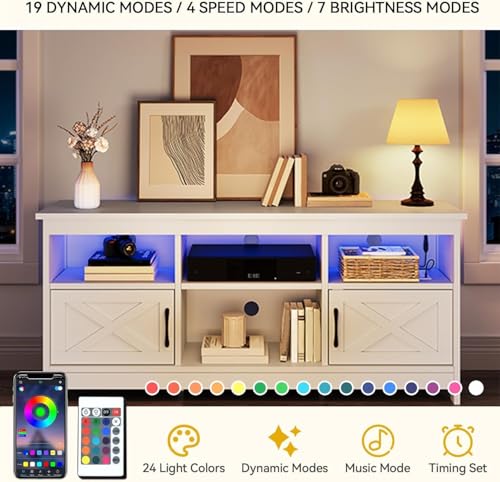 DWVO White TV Stand for 65 Inch TV, Entertainment Center, TV Cabinet with Power Outlet & LED Light Strip, Media Console Television Stands, Living Room Furniture 59 Inch
