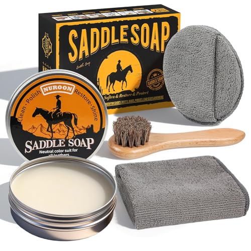 Nuroon 4 Pcs Leather Cleaner Boots Shoes Cleaning Kit-3.52oz Saddle Soap for Leather Items Cleaning, Including One Horsehair Shoes Polish Brush, Shine Cloth and Sponge Pad